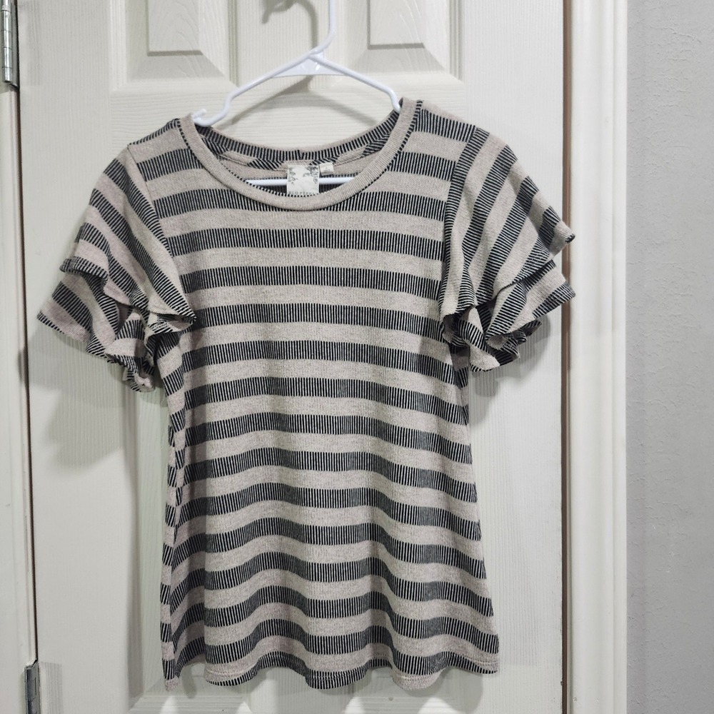 Blu Pepper Women Tan Black Striped Ruffle Sleeve Knit Top Size S D8ST1030